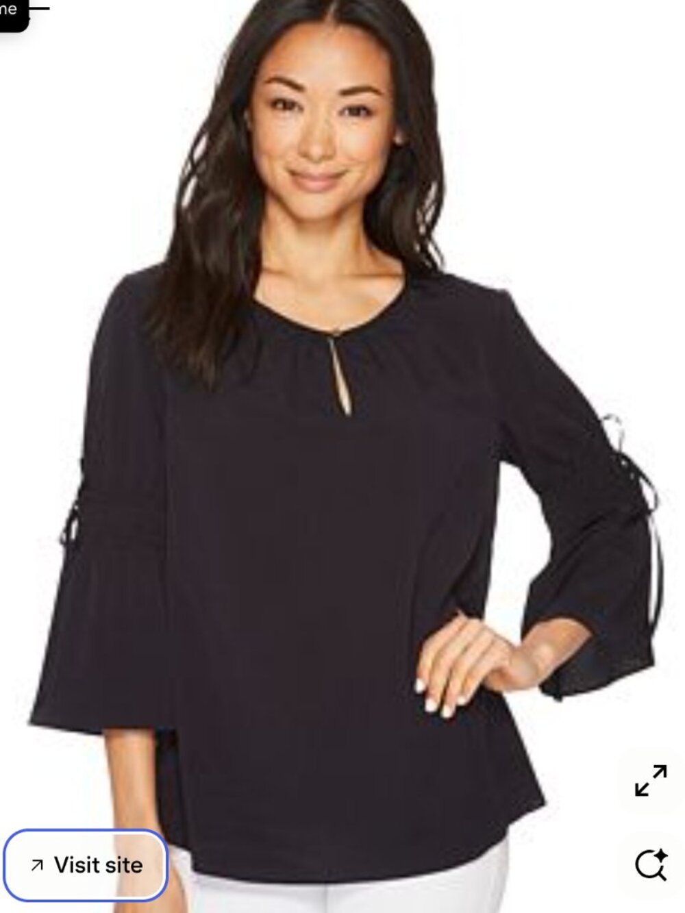 Size M Ellen Tracy Black Round-Neck Blouse with Tie Sleeve Accents